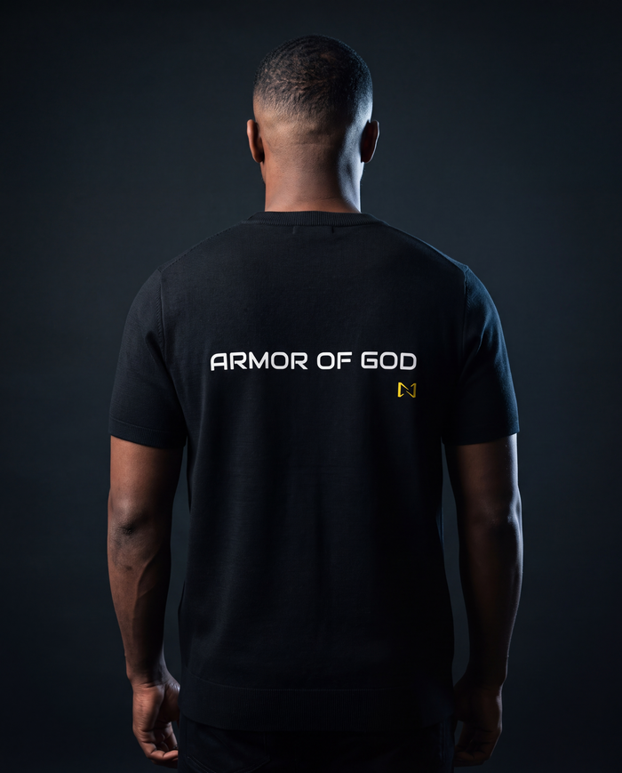 Model wearing the NPRWLR Crewneck Knit T-Shirt in black, back view showing the ARMOR OF GOD print across the upper back