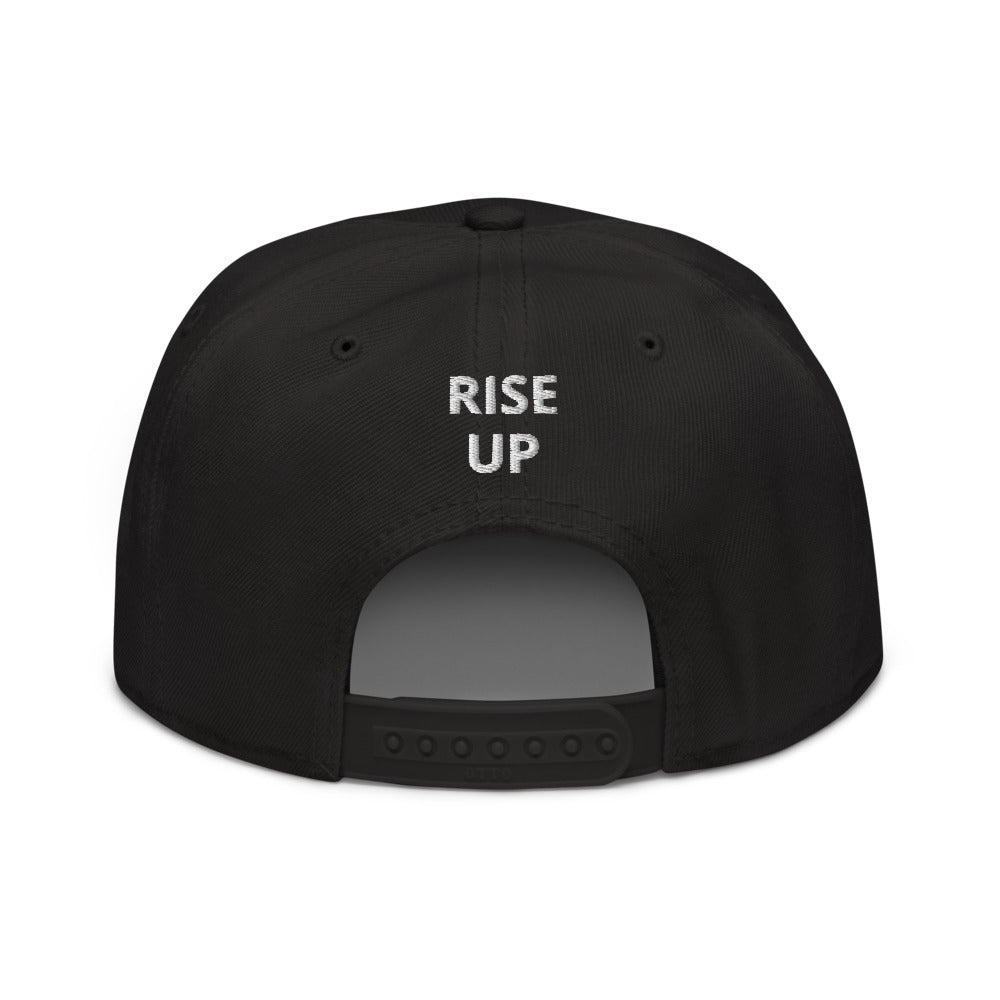 Night Prowler Apparel Black Snap back flat billed hat with yellow N logo on left side and Rise Up text on the back