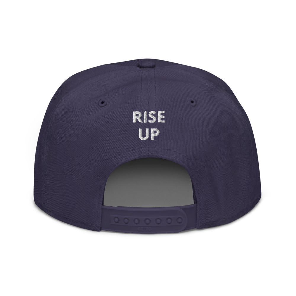 Night Prowler Apparel Bluish Snap back flat billed hat with yellow N logo on left side and Rise Up text on the back