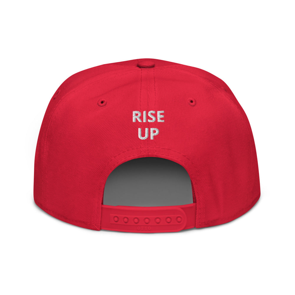 Night Prowler Apparel Red Snap back flat billed hat with yellow N logo on left side and Rise Up text on the back