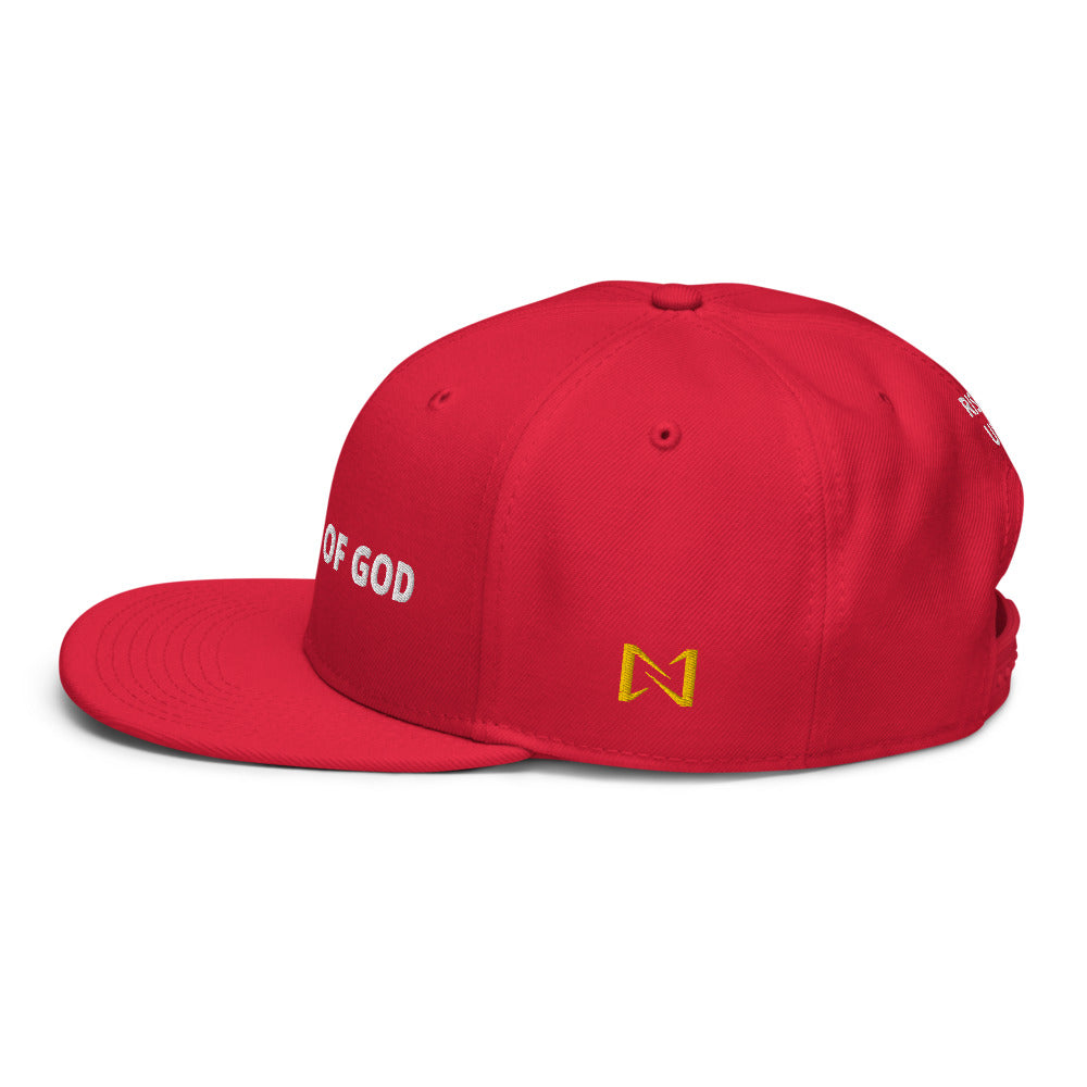 Night Prowler Apparel Red Snap back flat billed hat with yellow N logo on left side and Rise Up text on the back