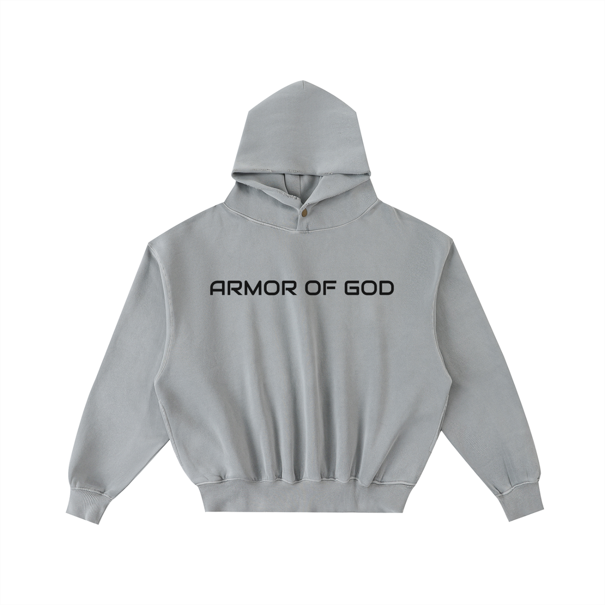 NPRWLR Armor of God Frayed Hoodie in light gray, front view with ARMOR OF GOD printed black across the chest, 10.3 oz enzyme-washed fleece with a frayed hem