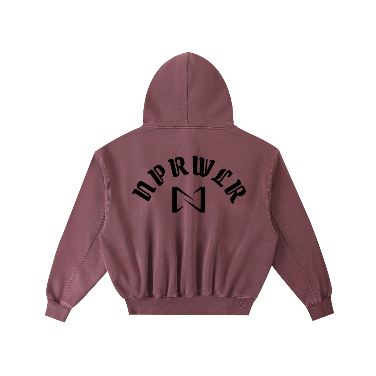 NPRWLR Armor of God Frayed Hoodie in Red, a washed brick tone, back view with the arched NPRWLR wordmark and N monogram printed black