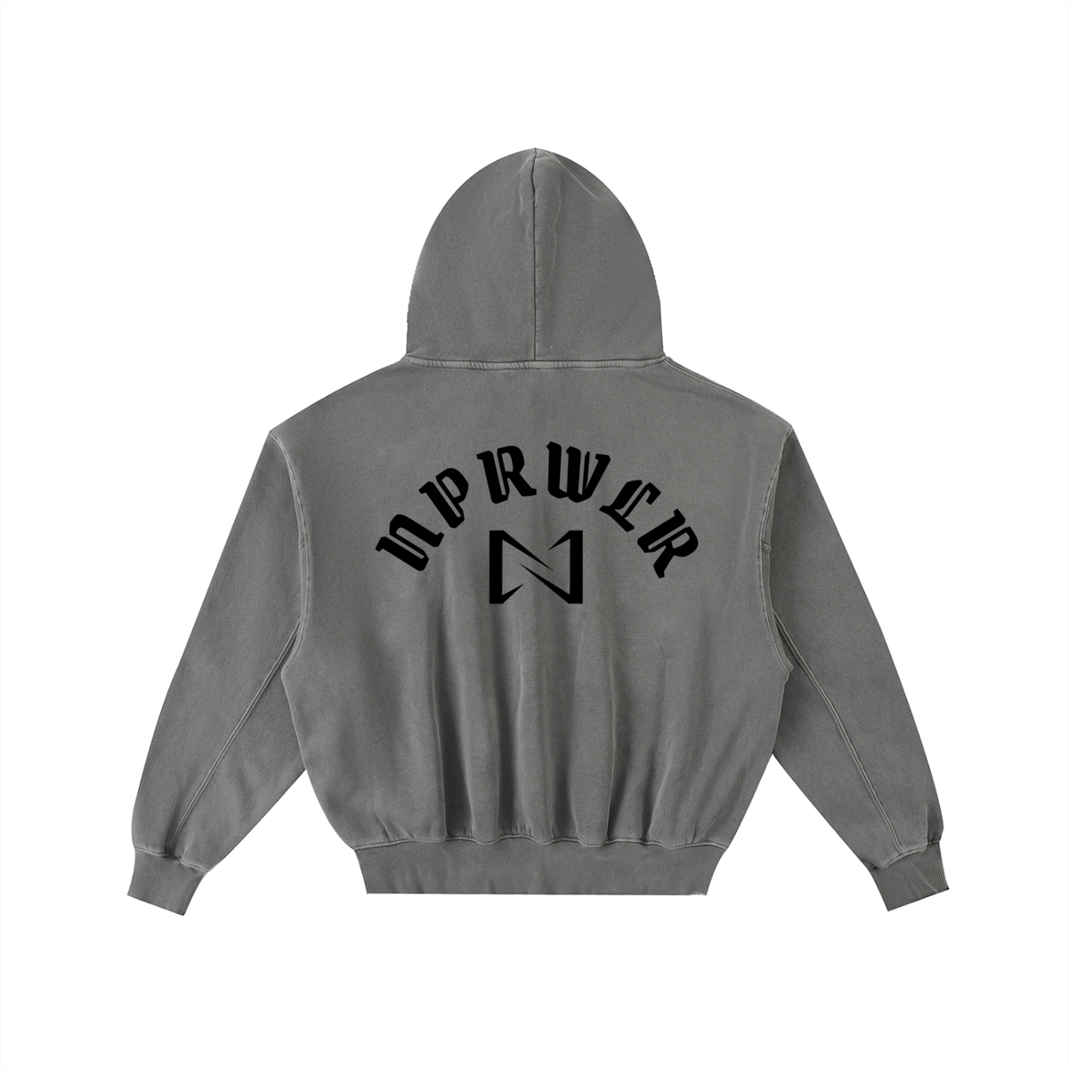 NPRWLR Armor of God Frayed Hoodie in dark gray, back view with the arched NPRWLR wordmark and N monogram printed black