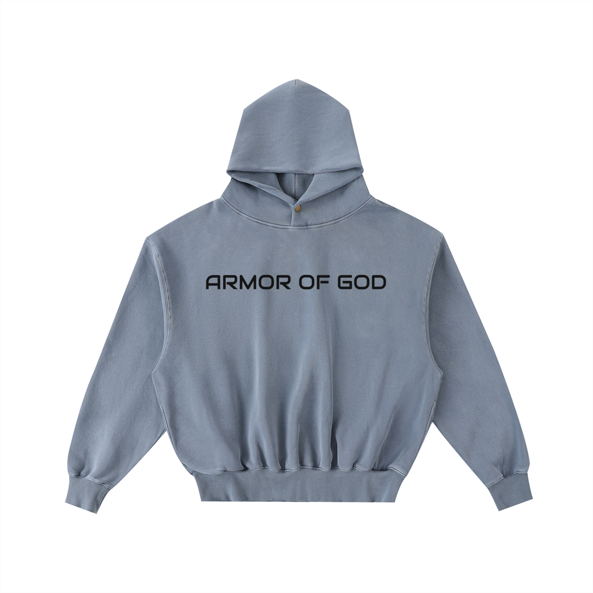 NPRWLR Armor of God Frayed Hoodie in Blue, a washed slate tone, front view with ARMOR OF GOD printed black across the chest and a frayed hem