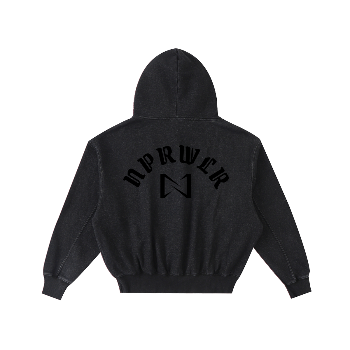 NPRWLR Armor of God Frayed Hoodie in black, back view with the arched NPRWLR wordmark and N monogram printed tonal black
