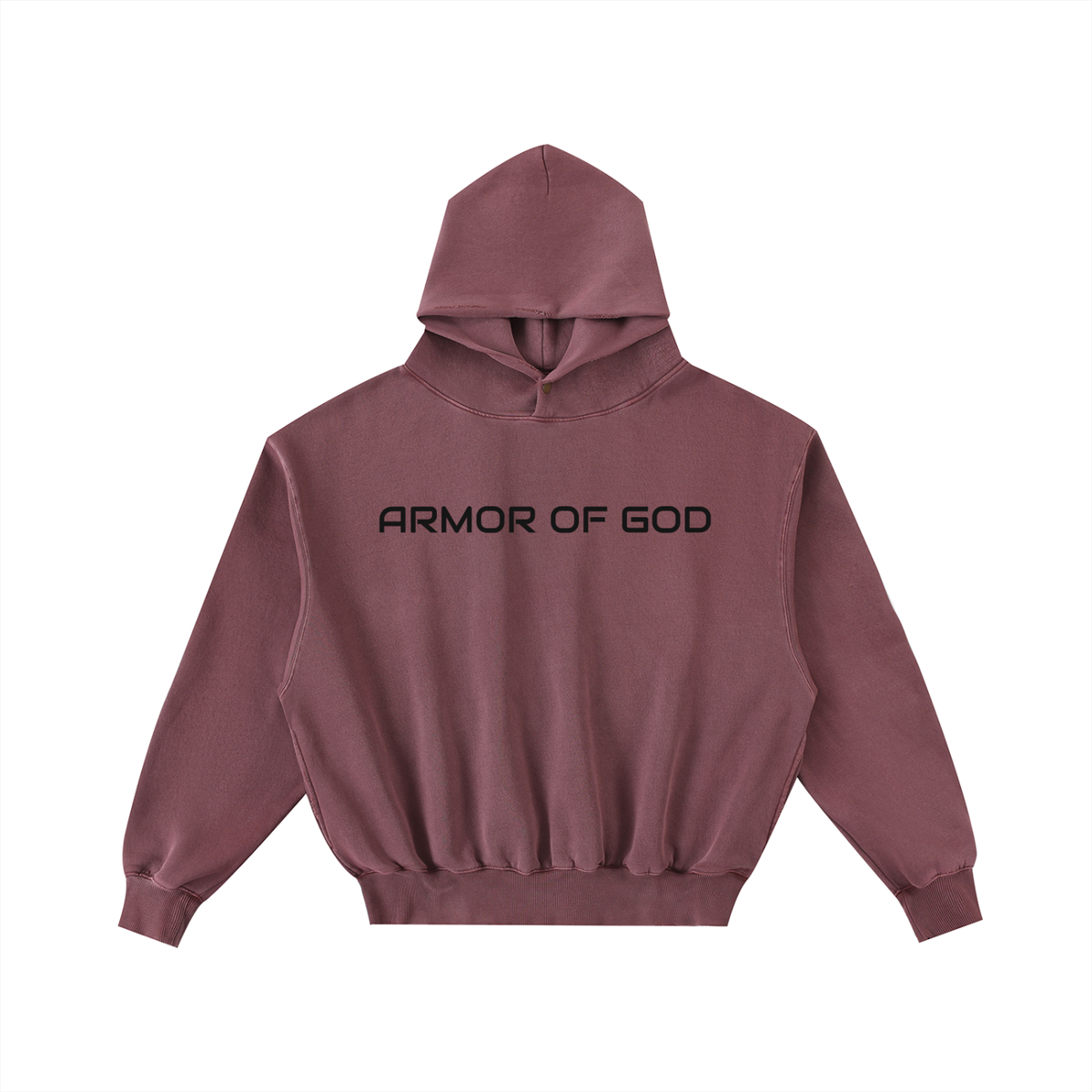 NPRWLR Armor of God Frayed Hoodie in Red, a washed brick tone, front view with ARMOR OF GOD printed black across the chest and a frayed hem