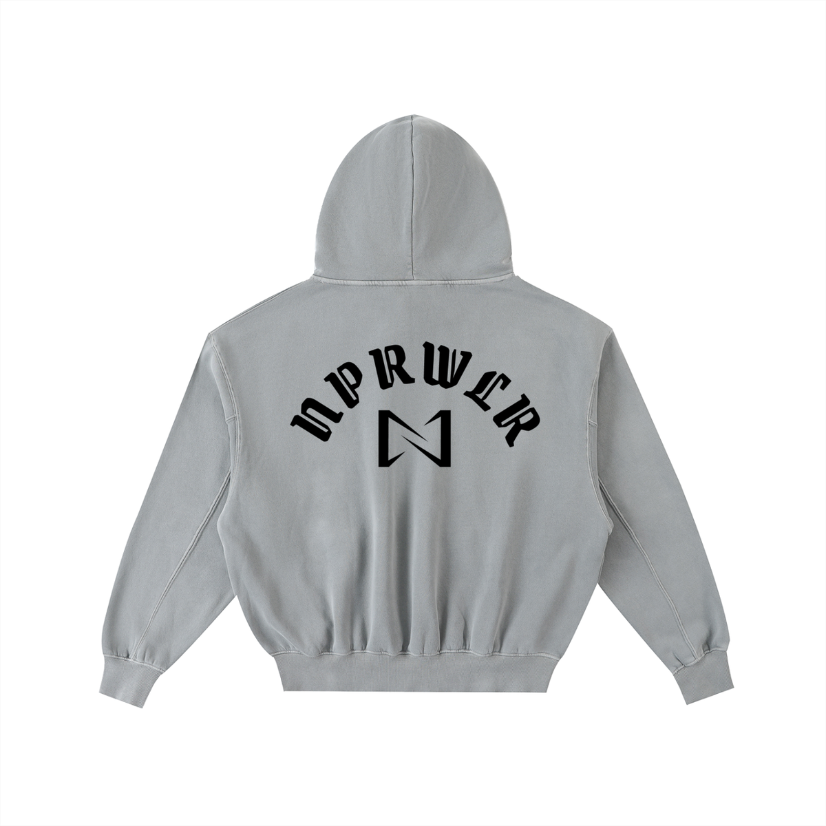 NPRWLR Armor of God Frayed Hoodie in light gray, back view with the arched NPRWLR wordmark and N monogram printed black