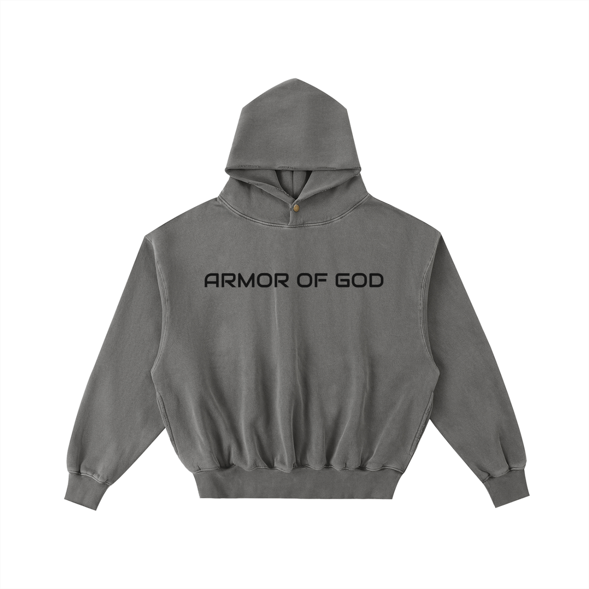 NPRWLR Armor of God Frayed Hoodie in dark gray, front view with ARMOR OF GOD printed black across the chest, 10.3 oz enzyme-washed fleece with a frayed hem