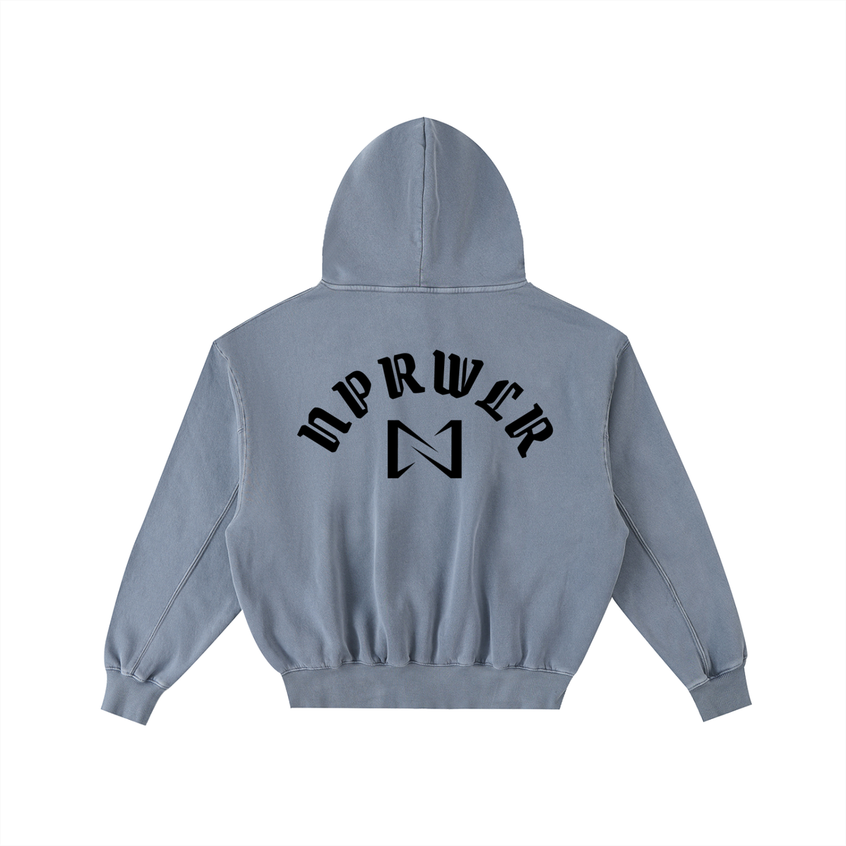 NPRWLR Armor of God Frayed Hoodie in Blue, a washed slate tone, back view with the arched NPRWLR wordmark and N monogram printed black