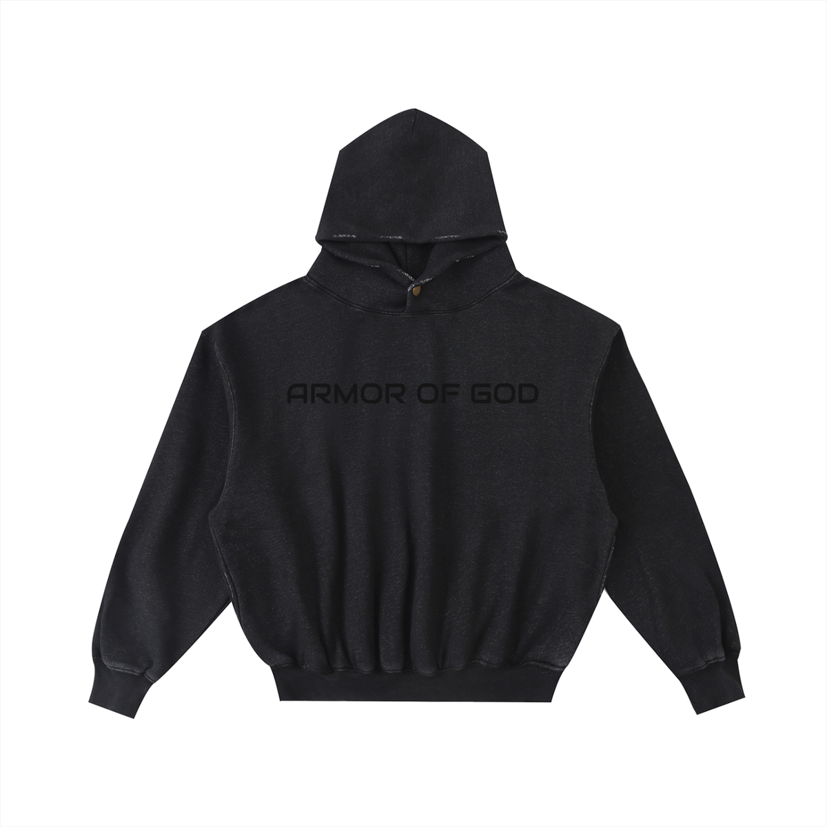 NPRWLR Armor of God Frayed Hoodie in black, front view with ARMOR OF GOD printed tonal black across the chest, 10.3 oz enzyme-washed fleece with a frayed hem