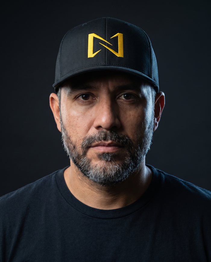 Model wearing the NPRWLR Trucker Cap in black, front view showing the foam front panel and mesh back