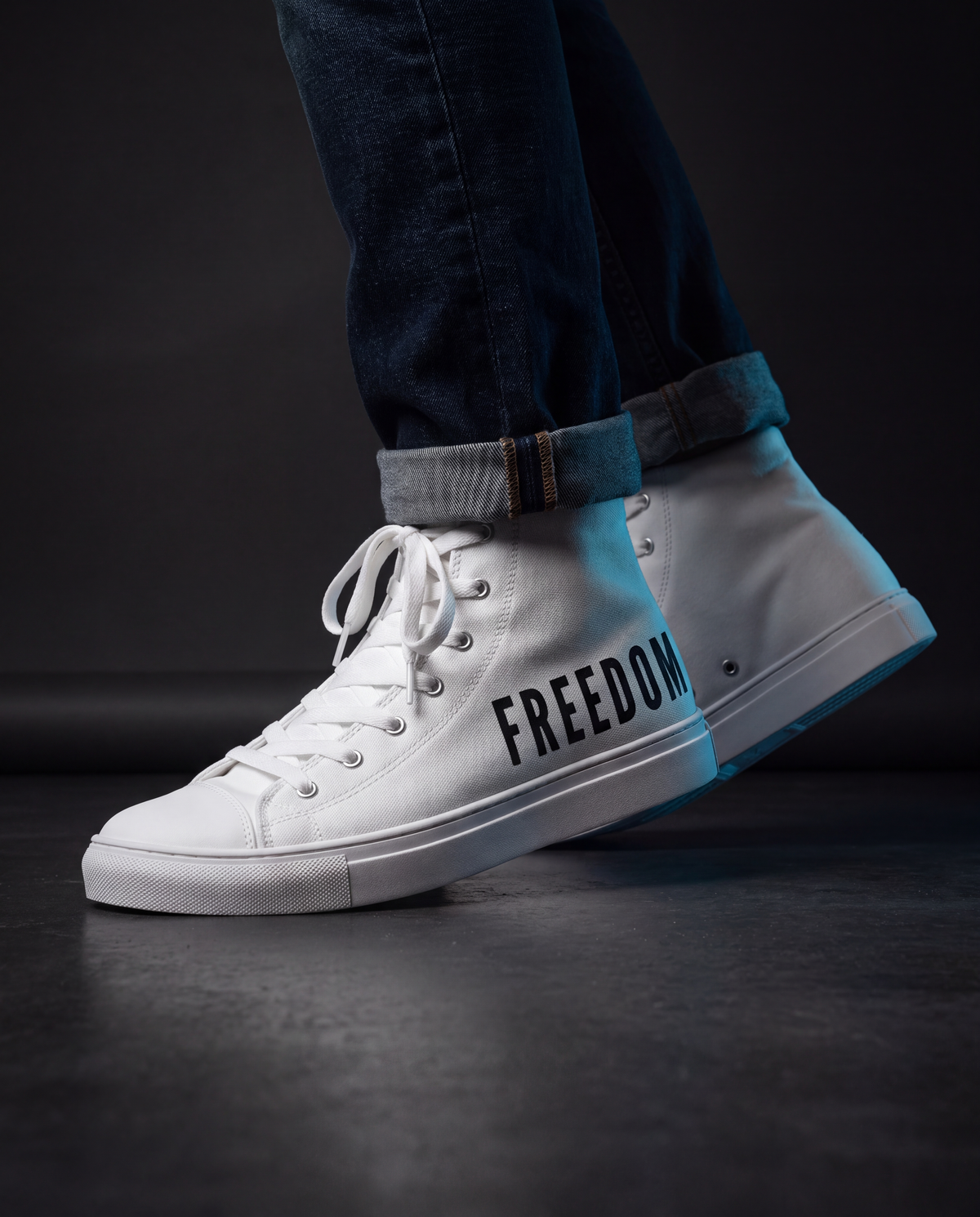 NPRWLR Freedom Men's High Top Canvas Shoes in white worn on a model, side profile showing the printed canvas upper