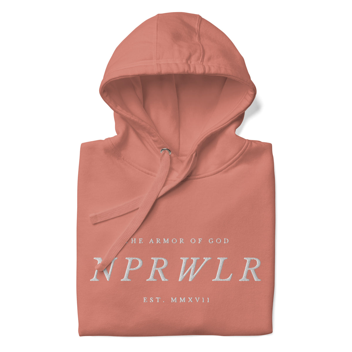 NPRWLR Armor of God hoodie in dusty rose, front view, heavyweight cotton fleece